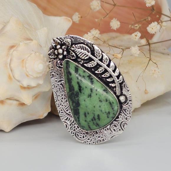 Genuine Green Ruby Zoisite /Anyolite/ Stone Silver 925 Ring - Picture 4 of 11